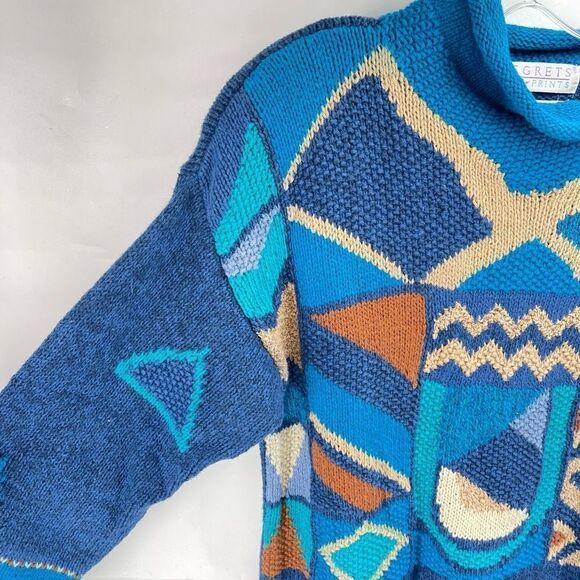 Segrets Womens Vintage 1980’s Sweater Hand Knit Rolled Mock Neck Blue Small - Picture 7 of 9